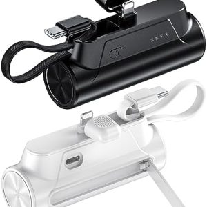 [2 Pack] Portable-Charger-Power-Bank - 8000mAh Small Portable Phone Charger 5V3.1A Fast Charger Built-in Type-C Cable and Phone Holder Cute Battery Pack for iPhone and Android Phone(Black and White)