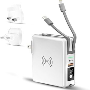 Pwr Travel - 5 in 1 Power Bank - Travel 5 in 1 Power Bank, Portable Charger with Ac Wall Plug & Built-in Cables, Built-in Type-C and Lighting USB Cable 4 Output and 2 Input (White)