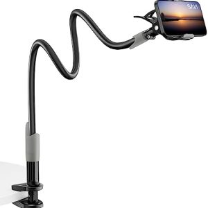 SAIJI Gooseneck Bed Phone Holder, Flexible Long Arm Phone Mount for Desk, Clip Bracket Clamp Stand for 4.0-6.5'' Mobile Cell Phone Stand Document Camera Nintendo Switch (Black)